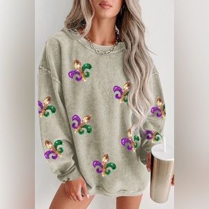 Mardi Gras Sequin Round Neck Dropped Shoulder Sweatshirt
